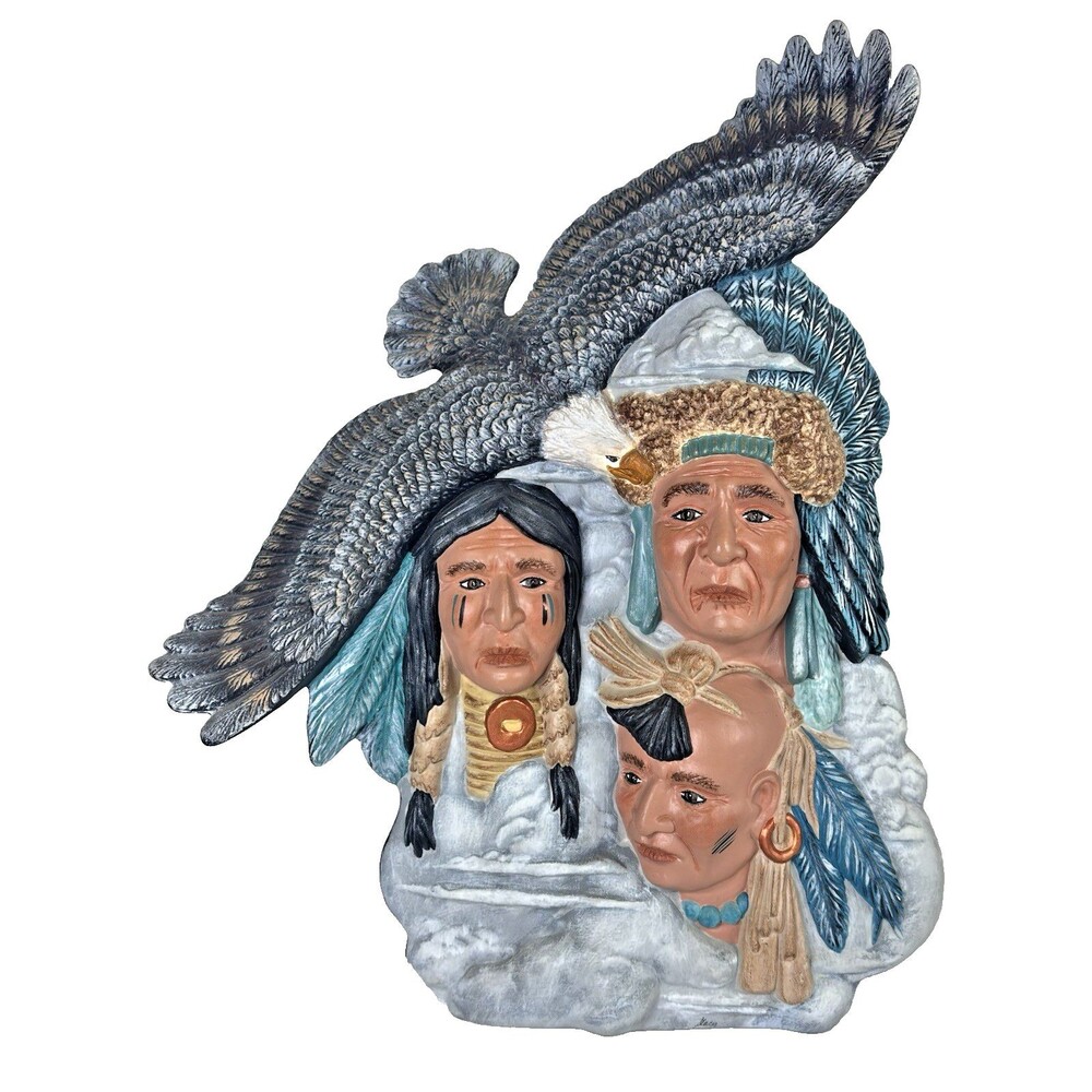 Vintage Native American 3-Face Wall Plaque – 3D Eagle Totem Sculpture – 13"
